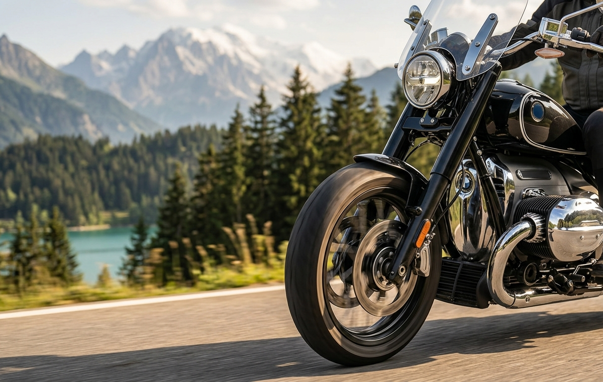 Motard sur une route de montagne face au Mont-Blanc près de Chamonix — FMF Haute-Savoie